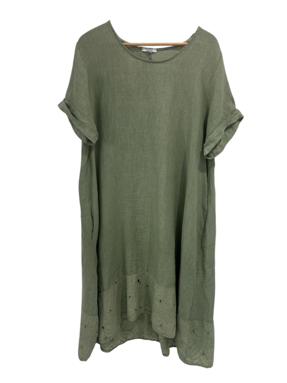 Rosemarine Made in Italy Linen Sage Green Eyelet Trim Lagenlook Midi Dress - 1X